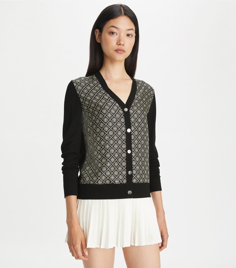 Tory Burch designer sweaters Silk Front Cardigan in Black / Black T Monogram Mini on model detail