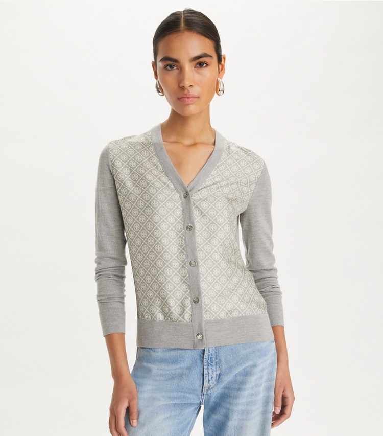 Tory Burch designer sweaters Silk Front Cardigan in Shadow Gray Melange T Monogram Mini on model detail
