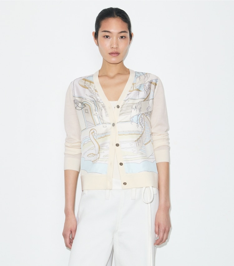 Tory Burch designer セーター シルクフロント カーディガン in New Ivory / Neutral Pool on model detail