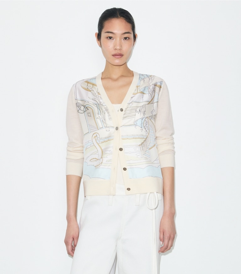 Tory Burch designer セーター シルクフロント カーディガン in New Ivory / Neutral Pool on model detail