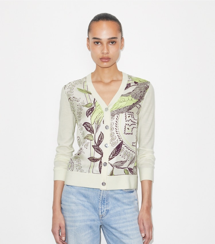 Tory Burch designer セーター シルクフロント カーディガン in New Ivory / Mint Cockatoo on model detail