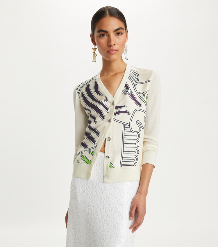 Tory Burch designer sweaters Silk Front Cardigan in NEW IVORY / Ivory Zebra on model detail