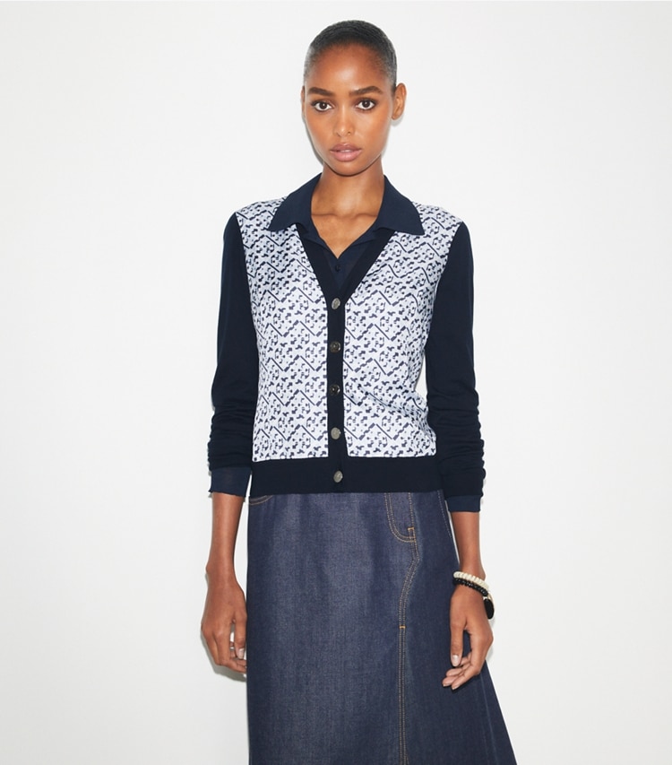 Tory Burch designer sweaters Silk-Front Cardigan in Mistero Navy/ Prismatic T Monogram Small on model detail