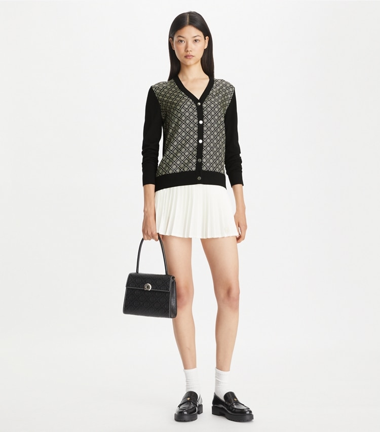 Tory Burch designer sweaters Silk Front Cardigan in Black / Black T Monogram Mini on model front