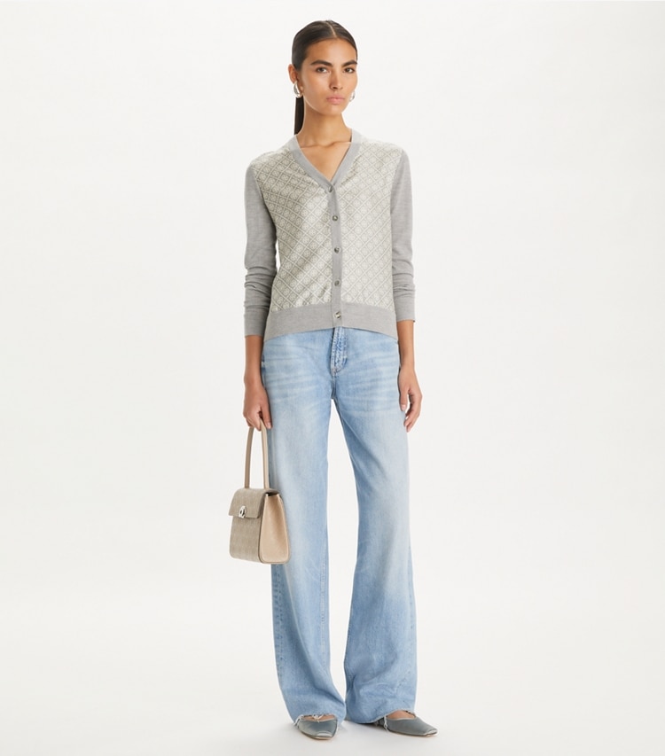 Tory Burch designer sweaters Silk Front Cardigan in Shadow Gray Melange T Monogram Mini on model front