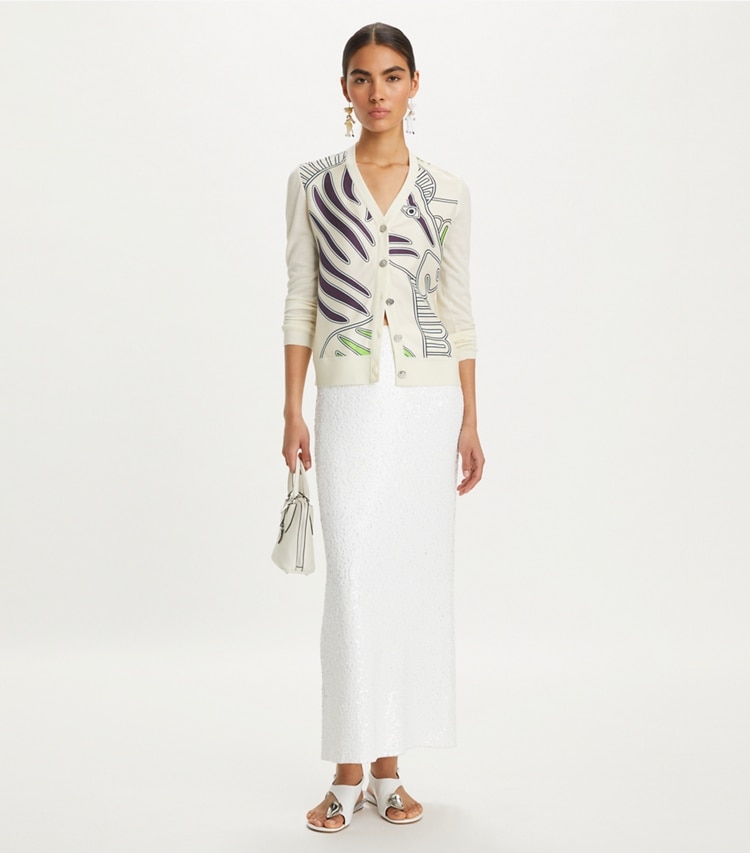 Tory Burch designer sweaters Silk Front Cardigan in NEW IVORY / Ivory Zebra on model front