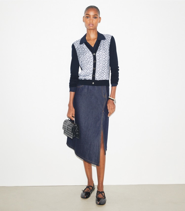 Tory Burch designer sweaters Silk-Front Cardigan in Mistero Navy/ Prismatic T Monogram Small on model front