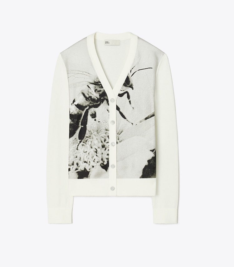 Tory Burch designer sweaters Silk-Front Cotton Cardigan in Gray Bee front