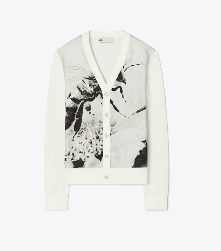 Tory Burch designer sweaters Silk-Front Cotton Cardigan in Gray Bee front