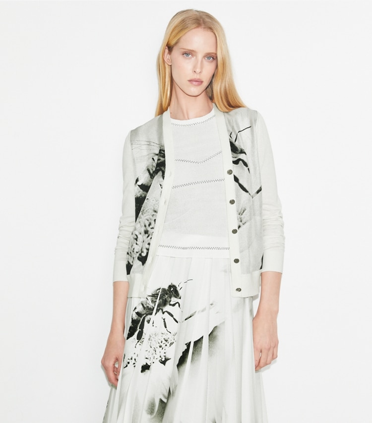 Tory Burch designer sweaters Silk-Front Cotton Cardigan in Gray Bee on model detail