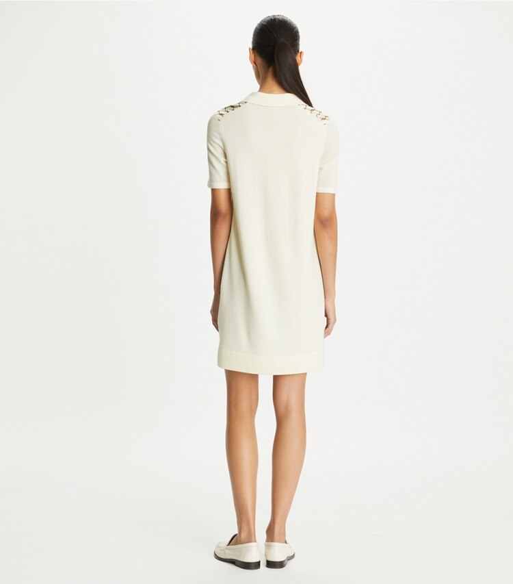 Tory Burch designer dresses Silk-Front Polo Dress in NEW IVORY / Brown Rope on model back