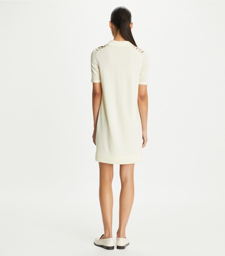 Tory Burch designer dresses Silk-Front Polo Dress in NEW IVORY / Brown Rope front