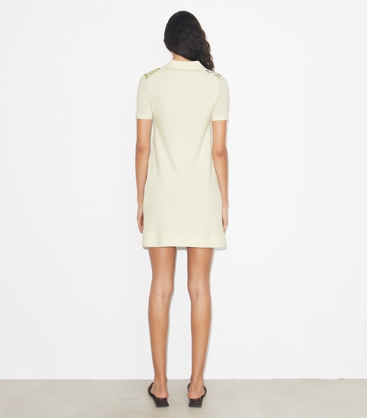 Tory Burch designer ワンピース シルクフロント ポロドレス in New Ivory / Mint Cockatoo on model back