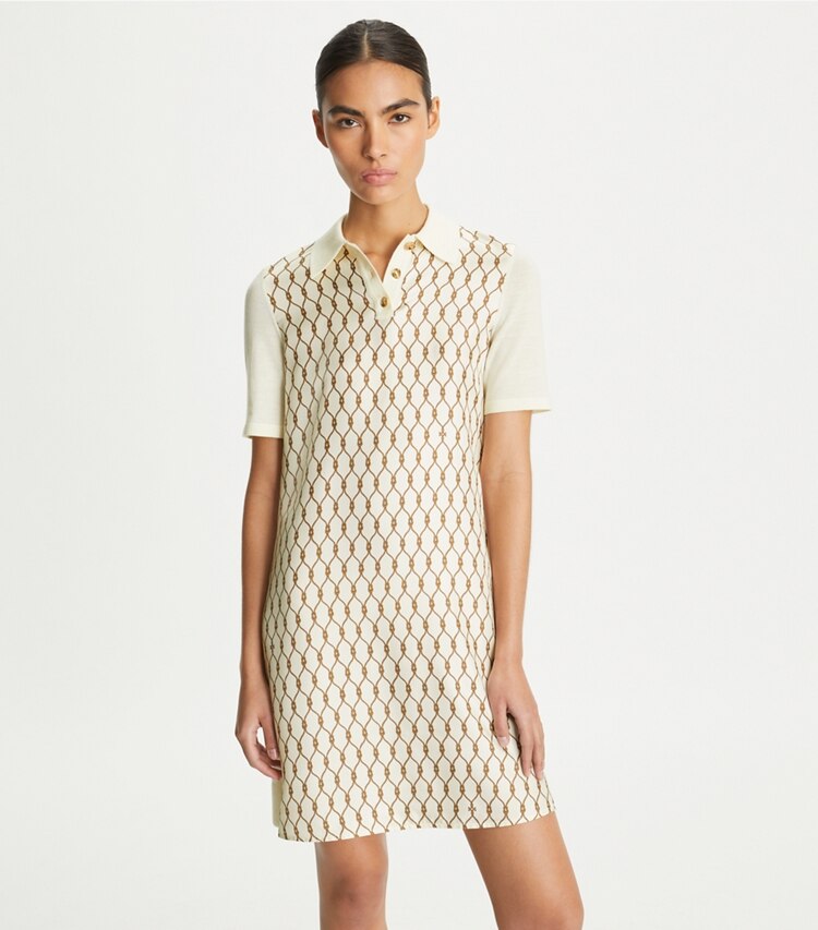 Tory Burch designer dresses Silk-Front Polo Dress in NEW IVORY / Brown Rope on model detail