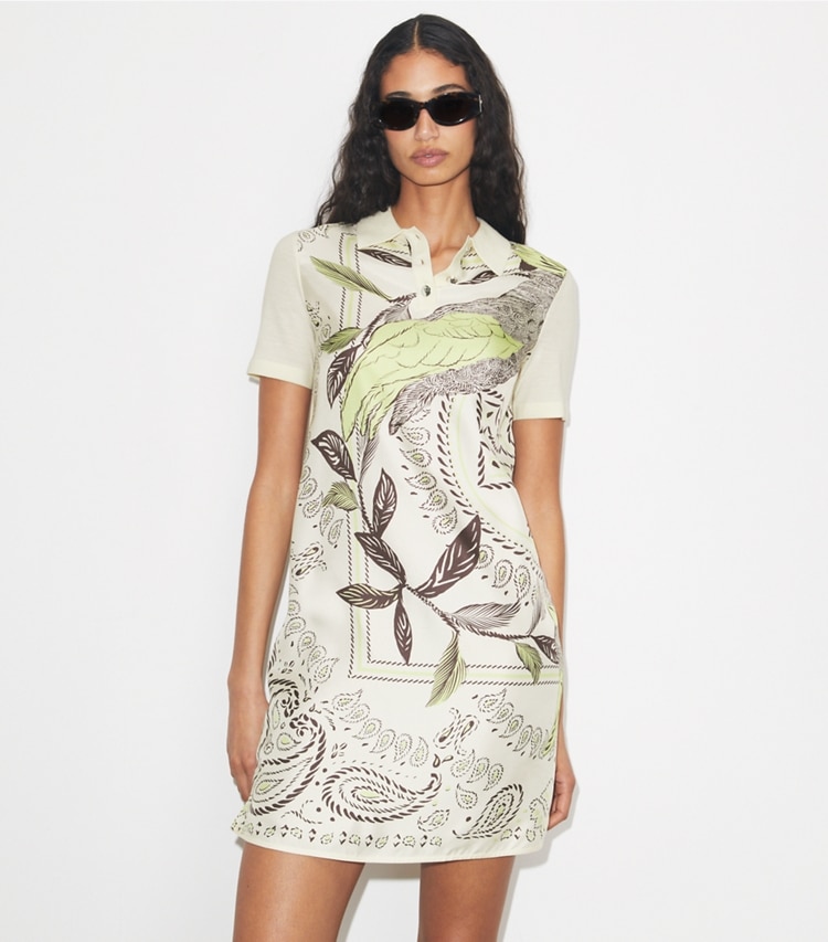 Tory Burch designer ワンピース シルクフロント ポロドレス in New Ivory / Mint Cockatoo on model detail