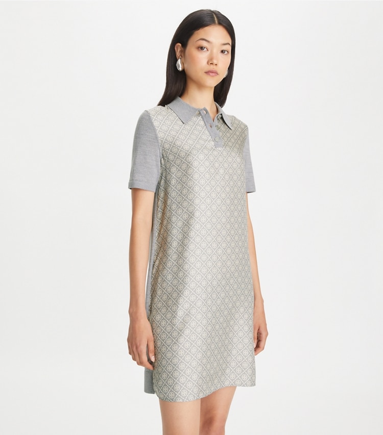 Tory Burch designer ドレス シルクフロント ポロドレス in Shadow Gray Melange T Monogram Mini on model detail