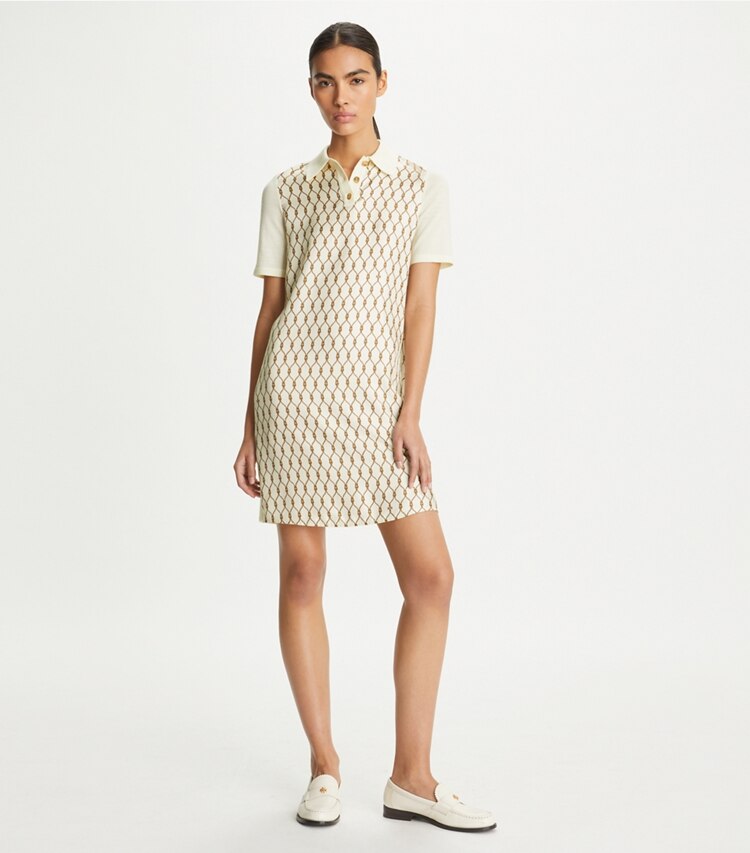 Tory Burch designer dresses Silk-Front Polo Dress in NEW IVORY / Brown Rope on model front