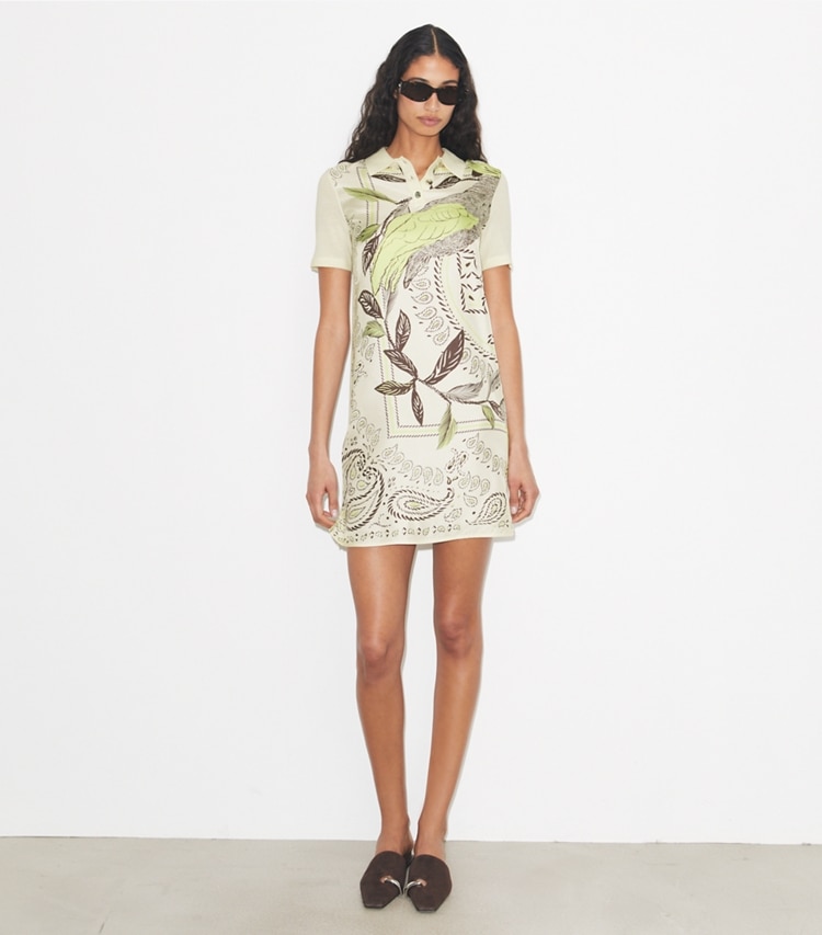 Tory Burch designer ワンピース シルクフロント ポロドレス in New Ivory / Mint Cockatoo モデル前面