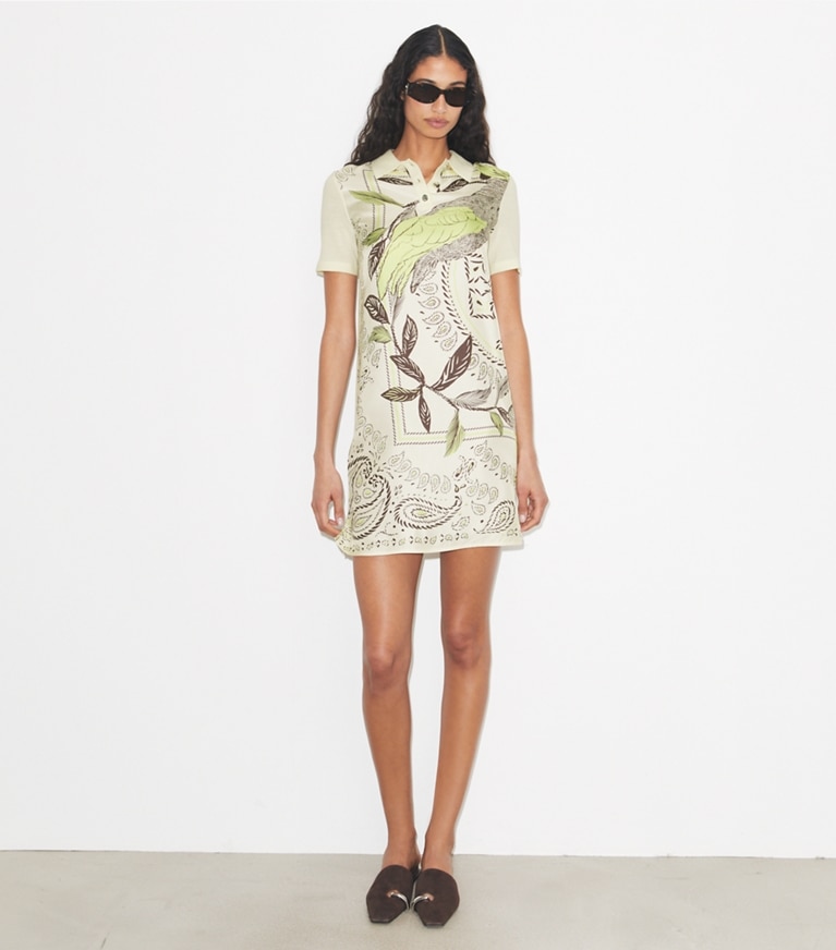 Tory Burch designer ワンピース シルクフロント ポロドレス in New Ivory / Mint Cockatoo モデル前面