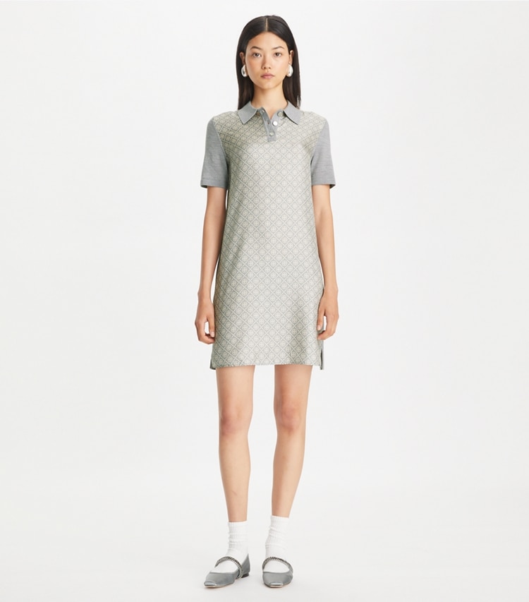 Tory Burch designer ドレス シルクフロント ポロドレス in Shadow Gray Melange T Monogram Mini モデル前面