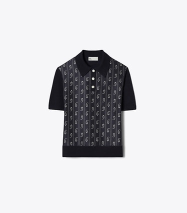 Tory Burch designer セーター シルクフロント ポロシャツ in Medium Navy Paisley front