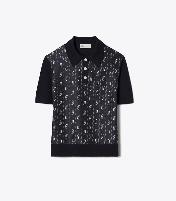 Tory Burch designer セーター シルクフロント ポロシャツ in Medium Navy Paisley front