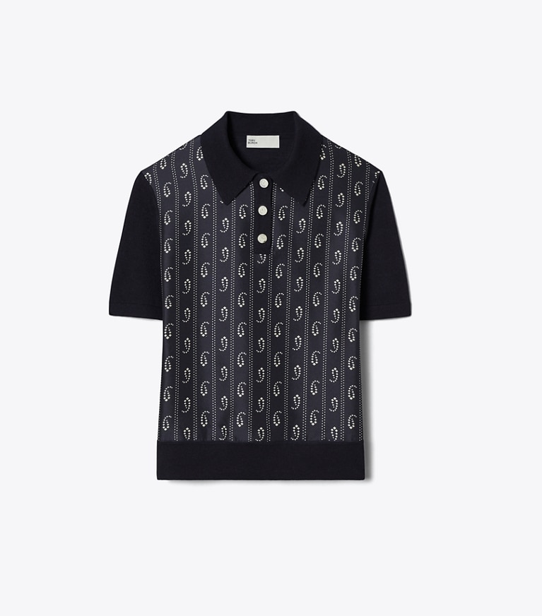 Tory Burch designer セーター シルクフロント ポロシャツ in Medium Navy Paisley front
