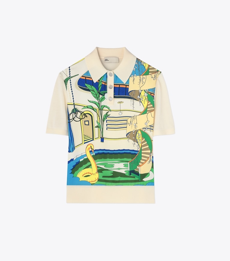 Tory Burch designer セーター シルクフロント ポロシャツ in New Ivory / The Pool Blue front