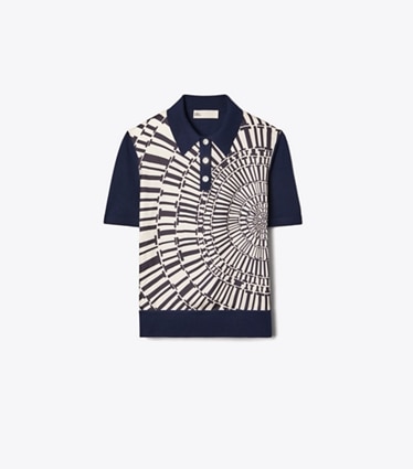 Tory Burch designer sweaters Silk-Front Polo in Dark Navy / Medium Navy Circle T front