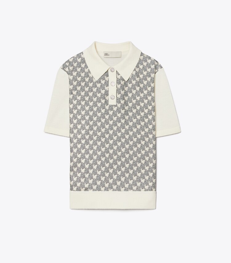 Tory Burch designer セーター シルクフロント ポロシャツ in NEW IVORY / Blue Mini Zebra front