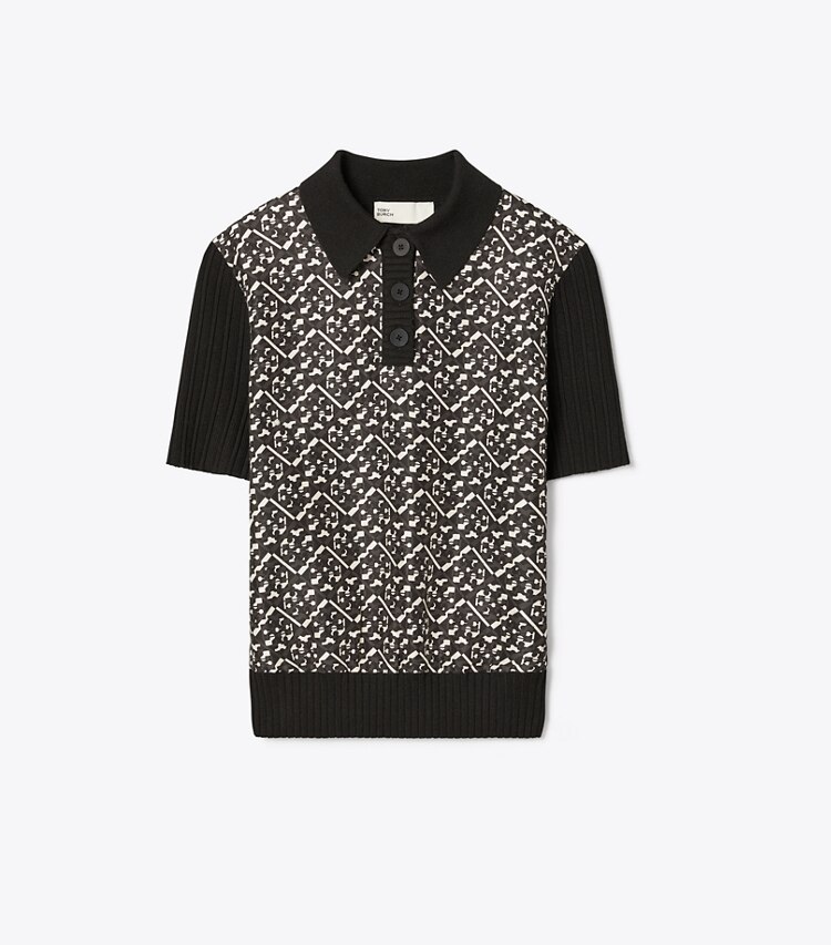 Tory Burch designer トップス シルクフロント ポロシャツ in Black / Black Prismatic Small T Monogram front