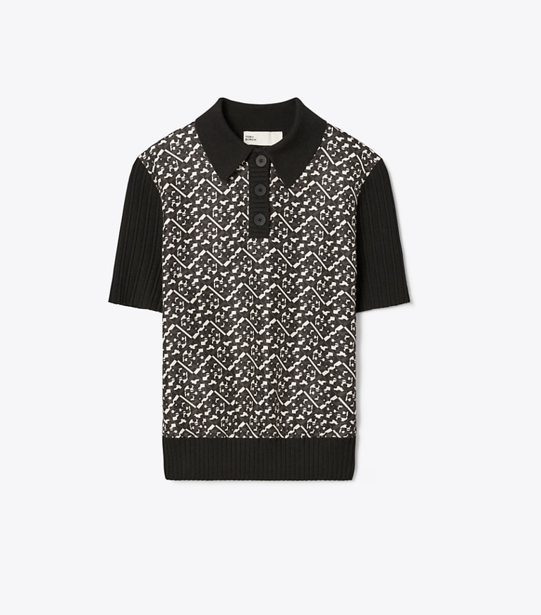Tory Burch designer トップス シルクフロント ポロシャツ in Black / Black Prismatic Small T Monogram front