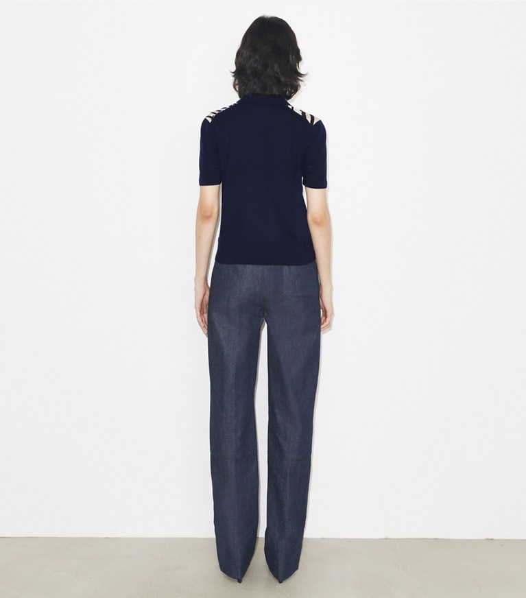 Tory Burch designer sweaters Silk-Front Polo in Dark Navy / Medium Navy Circle T on model back