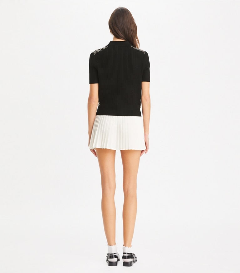 Tory Burch designer トップス シルクフロント ポロシャツ in Black / Black Prismatic Small T Monogram front