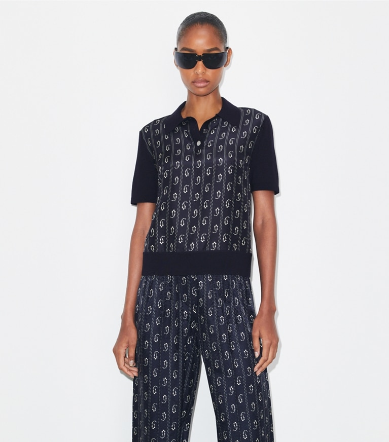 Tory Burch designer セーター シルクフロント ポロシャツ in Medium Navy Paisley front