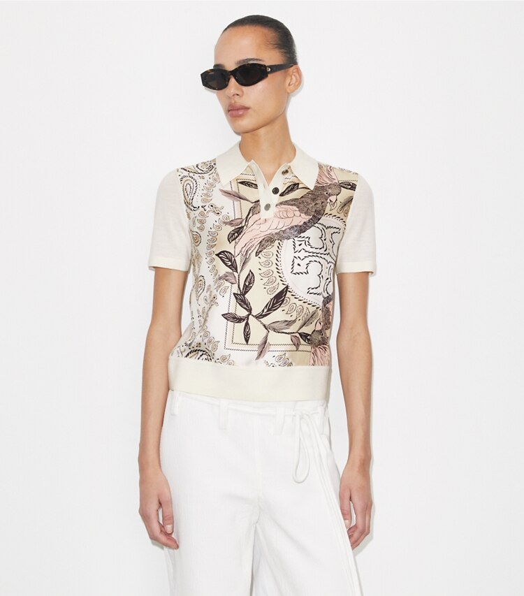 Tory Burch designer sweaters Silk-Front Polo in New Ivory / Pink Cockatoo on model detail