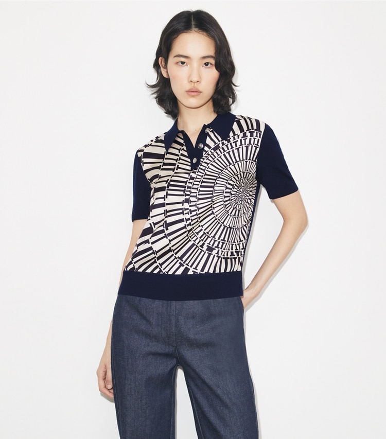 Tory Burch designer sweaters Silk-Front Polo in Dark Navy / Medium Navy Circle T on model detail