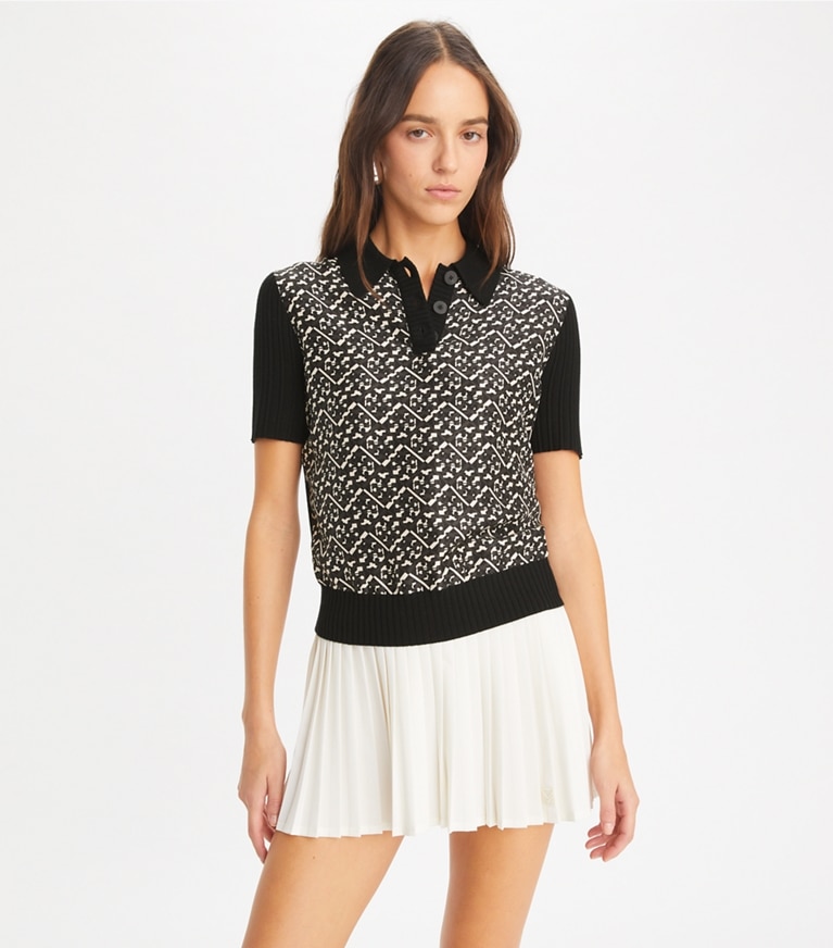 Tory Burch designer トップス シルクフロント ポロシャツ in Black / Black Prismatic Small T Monogram front