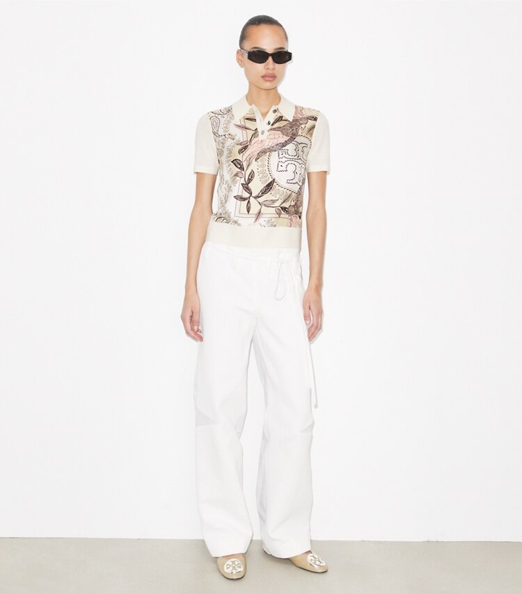 Tory Burch designer sweaters Silk-Front Polo in New Ivory / Pink Cockatoo on model front