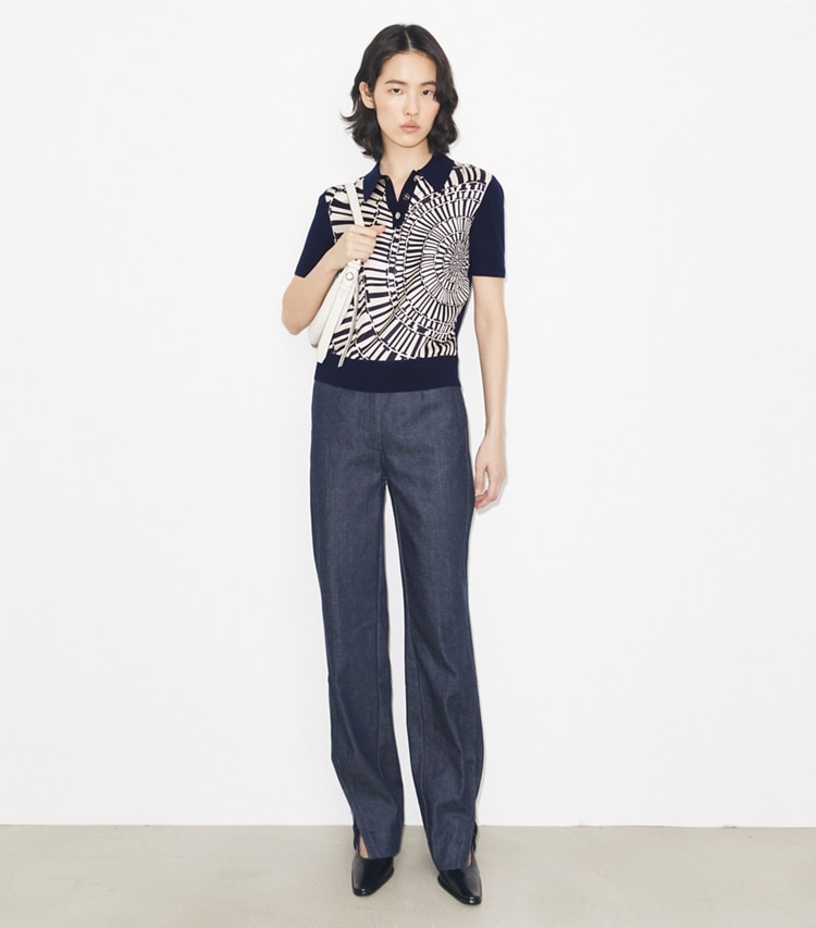 Tory Burch designer sweaters Silk-Front Polo in Dark Navy / Medium Navy Circle T on model front