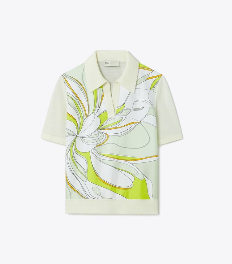 Tory Burch designer sweaters Silk Front Polo Shirt in Lght New Ivry / Chartreuse Twisty Flwr front