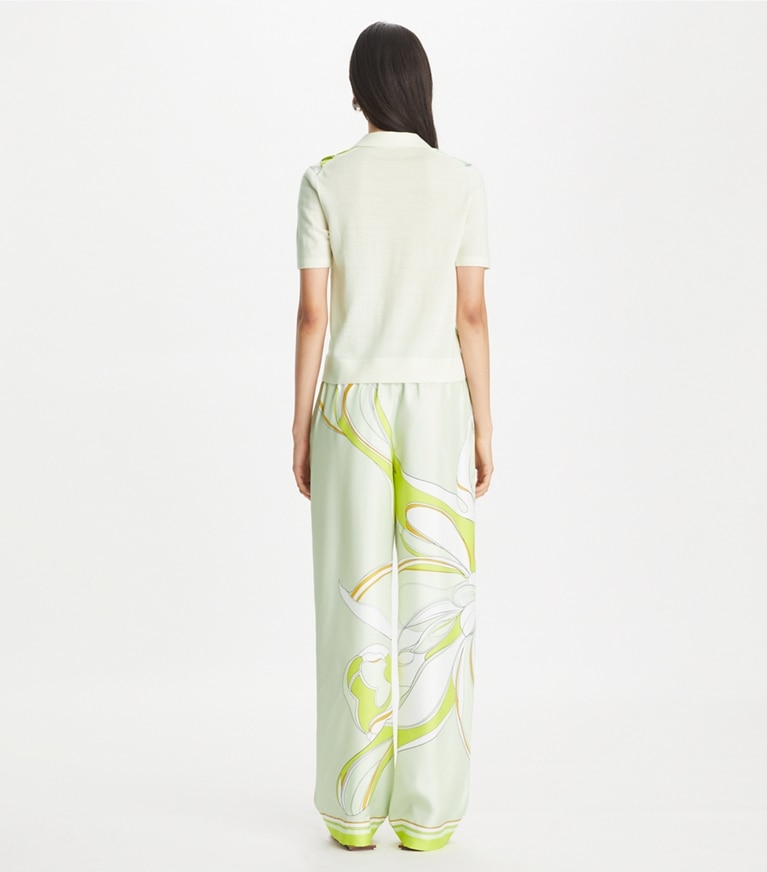Tory Burch designer sweaters Silk Front Polo Shirt in Lght New Ivry / Chartreuse Twisty Flwr front