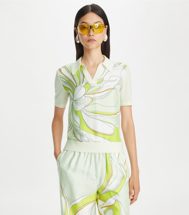Tory Burch designer sweaters Silk Front Polo Shirt in Lght New Ivry / Chartreuse Twisty Flwr on model detail