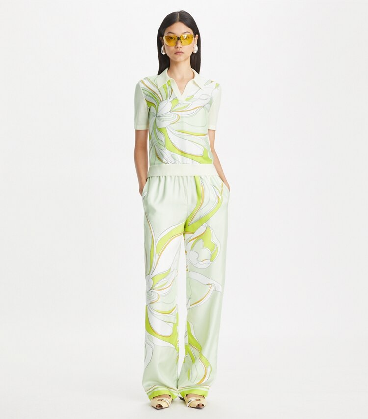 Tory Burch designer sweaters Silk Front Polo Shirt in Lght New Ivry / Chartreuse Twisty Flwr on model front