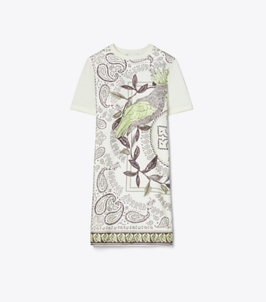 Tory Burch designer dresses Silk-Front Sweater Dress in New Ivory / Mint Cockatoo front