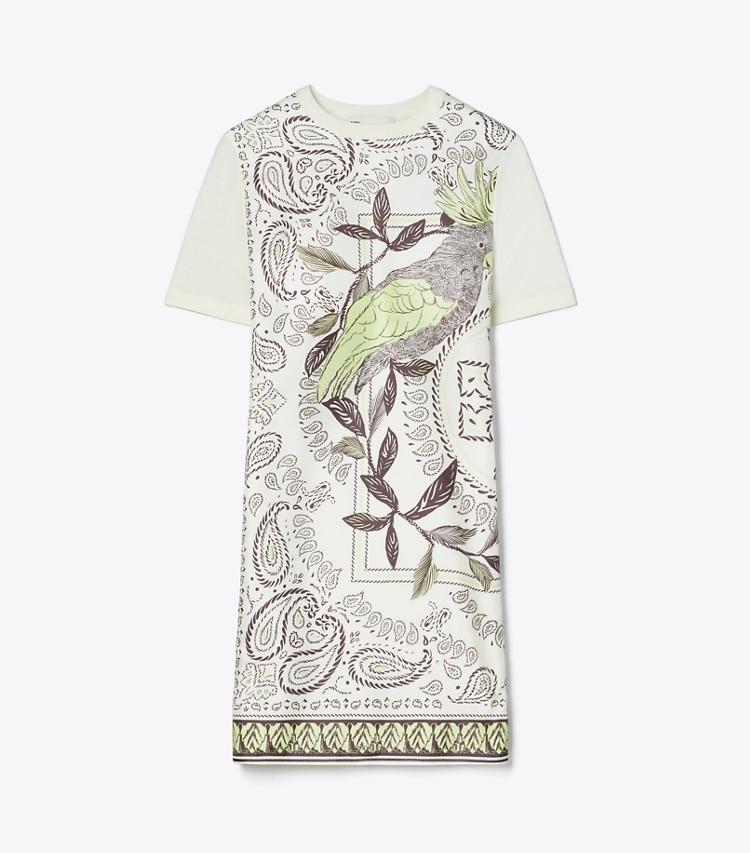 Tory Burch designer dresses Silk-Front Sweater Dress in New Ivory / Mint Cockatoo front