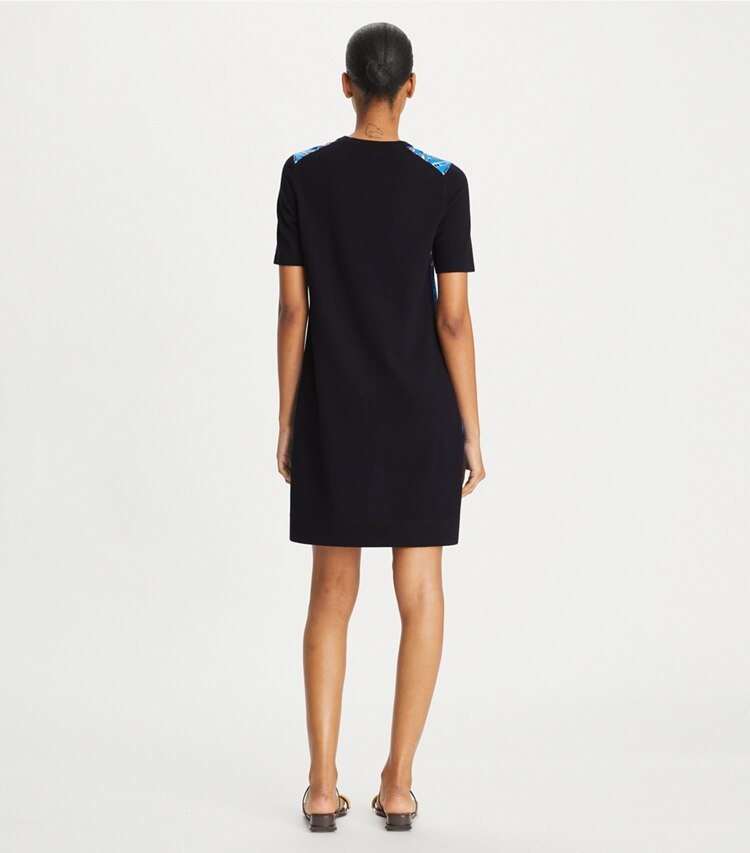 Tory Burch designer dresses Silk-Front Sweater Dress in Cobalt Blue Pisces Dream on model back