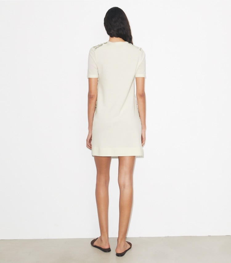 Tory Burch designer dresses Silk-Front Sweater Dress in New Ivory / Mint Cockatoo on model back