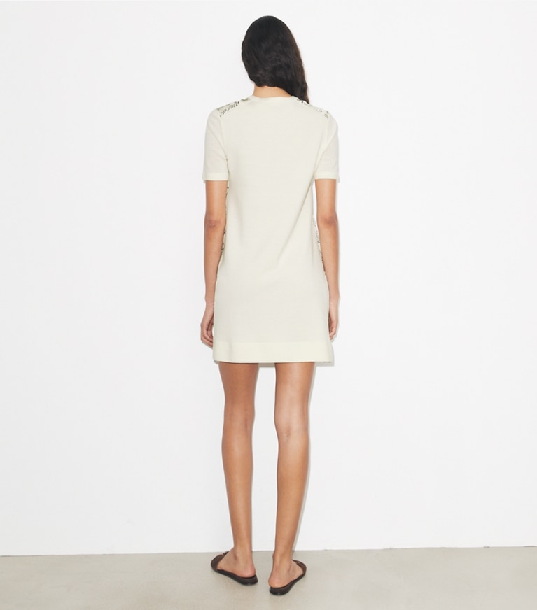 Tory Burch designer dresses Silk-Front Sweater Dress in New Ivory / Mint Cockatoo on model back