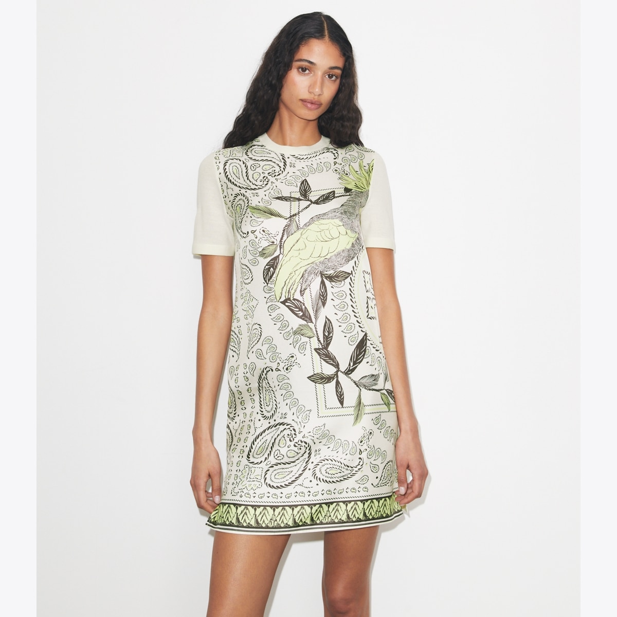Tory Burch Women's Silk-Front Sweater Dress in New Ivory/Mint Cockatoo, size L